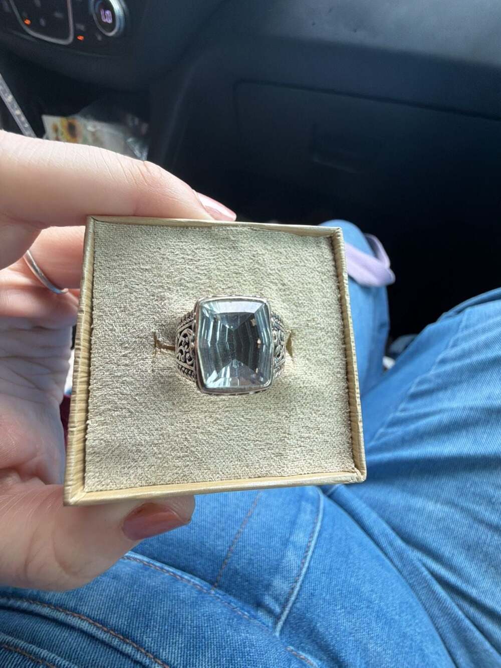 Sarda Sterling Silver Filigree Statement Ring with Rectangular Faceted CZ Stone